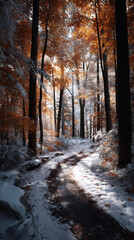 Autumn pathway winding through snowy forest with vibrant foliage at sunrise