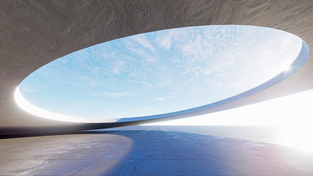 Minimalist Circular Concrete Structure with Open Sky View. 3d rendering
