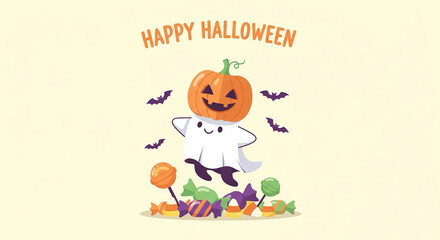 Fototapeta premium A whimsical and festive Halloween illustration featuring a cute ghost with a pumpkin head, happily floating over a pile of candy