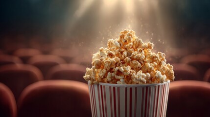 Freshly popped popcorn fills a red and white striped bucket in a darkened movie theater