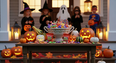 Halloween Treat Time Kids in Costume Gather Around a Table of Candy and Jack-o'-Lanterns