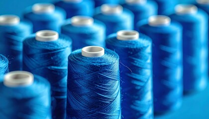 Spools of shiny blue thread arranged in group, vivid color, textile concept, close-up focus, soft lighting, industrial use, fabric production.