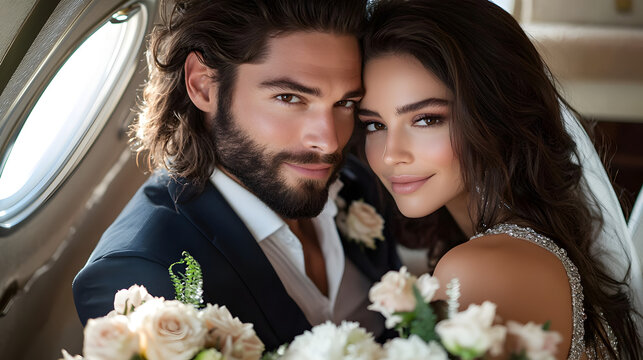 Wealthy couple hugging on luxury private jet, glamorous man in suit and woman in elegant evening dress, stylish fashionable people celebrating rich lifestyle and billionaire travel concept.