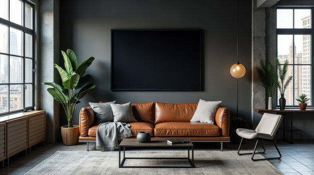 Urban chic home interior design of modern living room with a mix of industrial and contemporary elements. Include a leather sofa, a metal coffee table, and a framed mockup.
