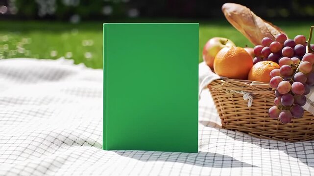 Outdoor picnic setup with green book mockup for product placement and summer promotions