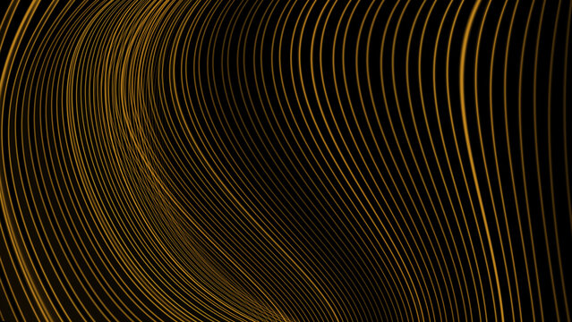 Golden curved lines on black background create dynamic abstract pattern with sense of motion and elegance, evoking modern and luxurious visual experience
