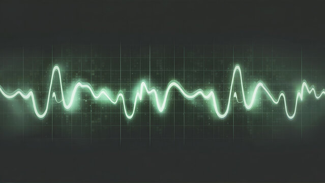 A green waveform displayed on a dark grid background representing data visualization and analysis 