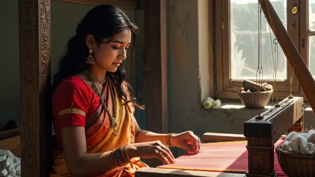 Young indian woman hand weaving fabric on a traditional loom by the window, showcasing ancient craft and textile production footage.