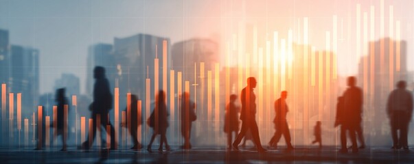 financial chart with stock market graph and silhouette people walking in office with cityscape blurred background. High quality