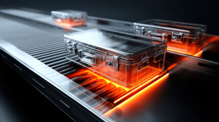 x-ray style image of suitcase contents on conveyor belt glowing edges no text high contrast illustration concept scene visual for commercial design use high detail quality stock image illustration