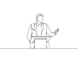Continuous line drawing of businessman stand behind podium. Single line illustration of man presenting behind rostrum. Giving information concept. Editable outline