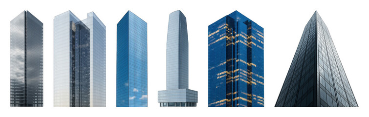 Modern skyscraper set including various glass facades and architectural designs isolated. Urban architecture and building collection.