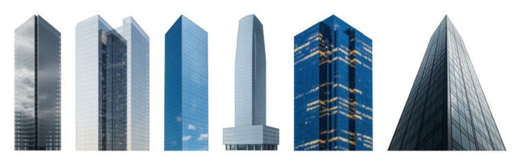 Modern skyscraper set including various glass facades and architectural designs isolated. Urban architecture and building collection.