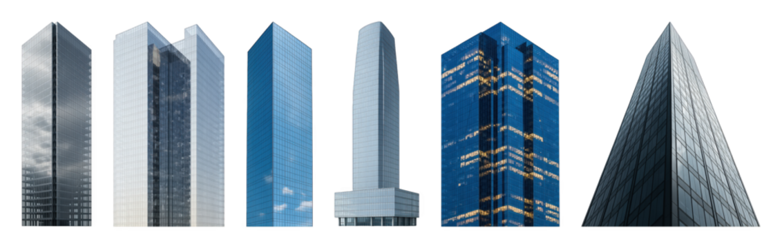 Modern skyscraper set including various glass facades and architectural designs isolated. Urban architecture and building collection.