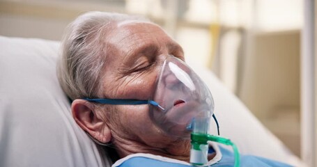 Sick, elderly patient and oxygen mask in hospital bed for surgery recovery, ventilation and rest. Medical, old woman or sleeping with respirator in clinic for respiratory disease or breathing support - Powered by Adobe
