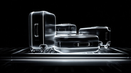 x-ray style image of suitcase contents on conveyor belt glowing edges no text high contrast illustration concept scene visual for commercial design use high detail quality stock image illustration