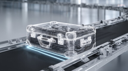x-ray style image of suitcase contents on conveyor belt glowing edges no text high contrast illustration concept scene visual for commercial design use high detail quality stock image illustration