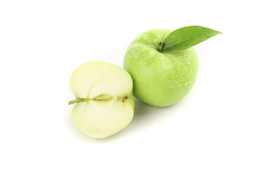 Fresh Green Apple with Leaf and Slice Isolated on White Background - Healthy Natural Fruit