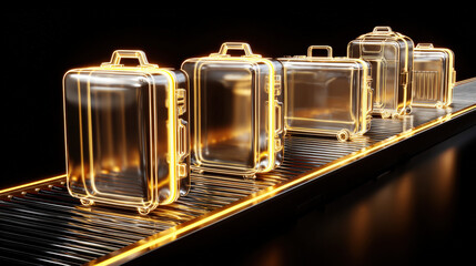 x-ray style image of suitcase contents on conveyor belt glowing edges no text high contrast illustration concept scene visual for commercial design use high detail quality stock image illustration