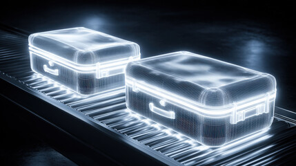 x-ray style image of suitcase contents on conveyor belt glowing edges no text high contrast illustration concept scene visual for commercial design use high detail quality stock image illustration