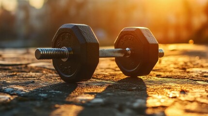 Dumbbell resting on a stone surface during sunset showcasing fitness and weight training in a tranquil outdoor setting