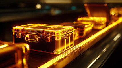 x-ray style image of suitcase contents on conveyor belt glowing edges no text high contrast illustration concept scene visual for commercial design use high detail quality stock image illustration