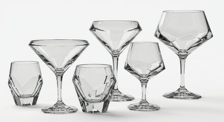 Elegant, geometrically-shaped glassware collection, featuring martini, wine, and rocks glasses, showcased against a neutral backdrop.