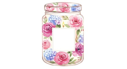 Delicate glass jar adorned with a floral watercolor design of roses and hydrangeas, showcasing a blank label for customization.