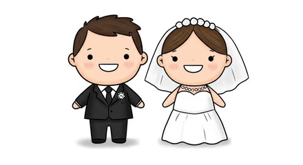 A joyful cartoon depiction of a happy bride and groom, radiating love and celebration.