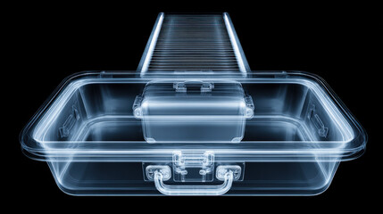 x-ray style image of suitcase contents on conveyor belt glowing edges no text high contrast illustration concept scene visual for commercial design use high detail quality stock image illustration