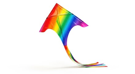 A vibrant rainbow-colored kite, angled against a plain white backdrop, displays its colorful design.
