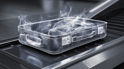 x-ray style image of suitcase contents on conveyor belt glowing edges no text high contrast illustration concept scene visual for commercial design use high detail quality stock image illustration
