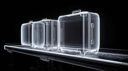 x-ray style image of suitcase contents on conveyor belt glowing edges no text high contrast illustration concept scene visual for commercial design use high detail quality stock image illustration