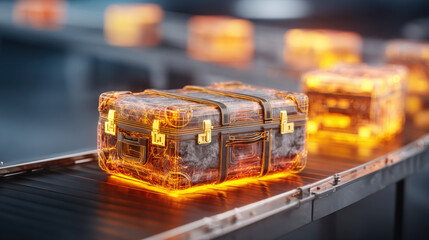 x-ray style image of suitcase contents on conveyor belt glowing edges no text high contrast illustration concept scene visual for commercial design use high detail quality stock image illustration