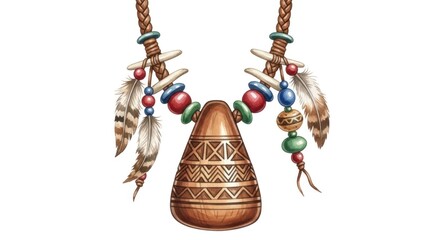 A detailed illustration of a handcrafted necklace, featuring a wooden pendant adorned with colorful beads, feathers, and bone accents.