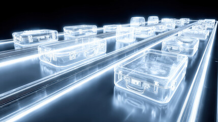 x-ray style image of suitcase contents on conveyor belt glowing edges no text high contrast illustration concept scene visual for commercial design use high detail quality stock image illustration