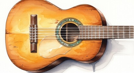 A detailed watercolor illustration of a classical guitar, showcasing its warm, honey-colored wood and intricate inlays.