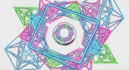 A vibrant array of interconnected geometric shapes, including pyramids and cubes, creates a mesmerizing visual display with glowing neon colors.