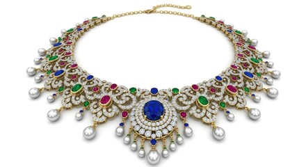 A lavish gold necklace, adorned with vibrant gemstones and sparkling diamonds, features a captivating design with dangling pearls.