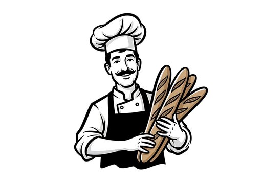 Skilled baker with freshly baked baguettes ready to serve delicious pastries