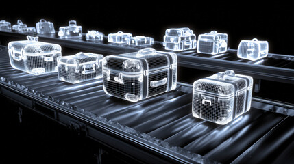 x-ray style image of suitcase contents on conveyor belt glowing edges no text high contrast illustration concept scene visual for commercial design use high detail quality stock image illustration