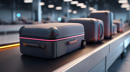 x-ray style image of suitcase contents on conveyor belt glowing edges no text high contrast illustration concept scene visual for commercial design use high detail quality stock image illustration