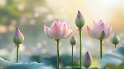 A serene sunrise scene on a misty lake with vibrant pink lotus blossoms