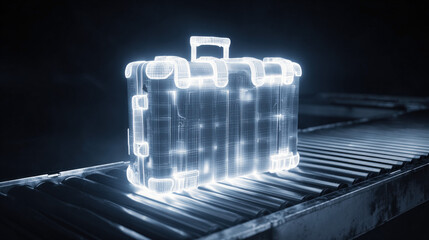 x-ray style image of suitcase contents on conveyor belt glowing edges no text high contrast illustration concept scene visual for commercial design use high detail quality stock image illustration