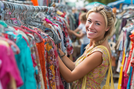 Young woman shopping for second-hand fashion at a flea market