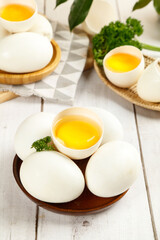 Fresh Farm Goose Eggs with Orange Yolks on Wooden Tray Display