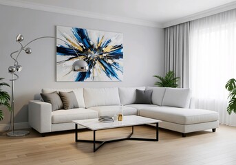 A Contemporary Living Room with an Abstract Blue and Gold Painting