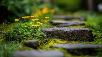 Fototapeta premium Lush garden pathway featuring vibrant yellow flowers and stone slabs set amidst rich greenery during a serene afternoon