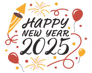 Festive Happy New Year 2025 Celebration with Balloons Confetti and Firework Rocket Illustration on White Background