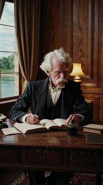 A vintage-style video still of an elderly man writing at a wooden desk in a classic study, captured from a side angle, with warm lighting.